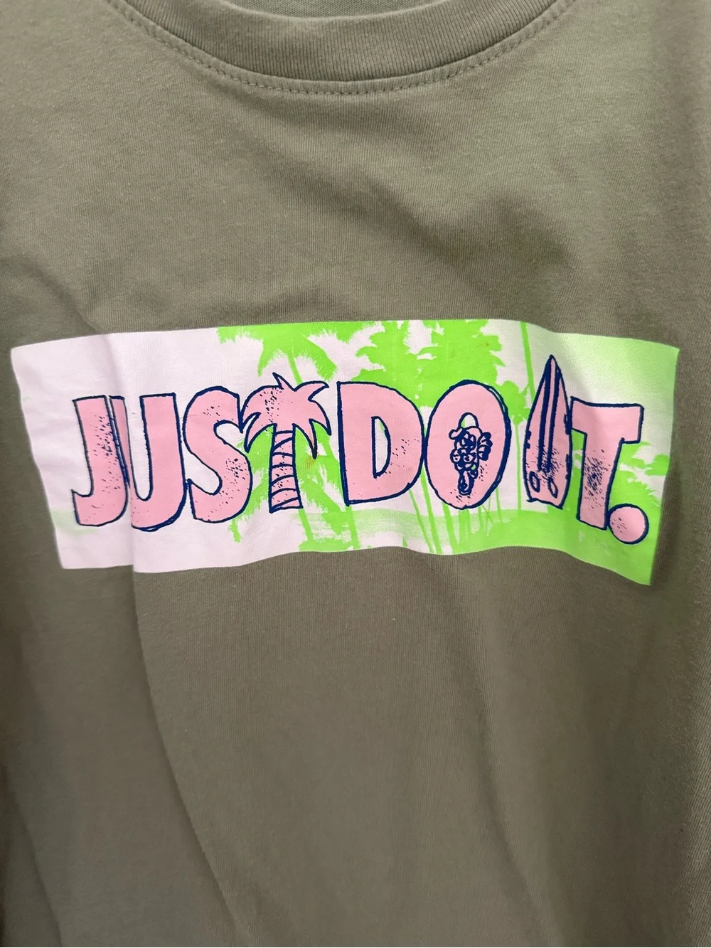 Nike Olive Green Short Sleeve Tee with Pink & Neon Green 'Just Do It' Graphic